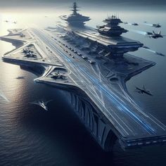 an artist's rendering of aircraft carriers in the ocean with planes flying over them