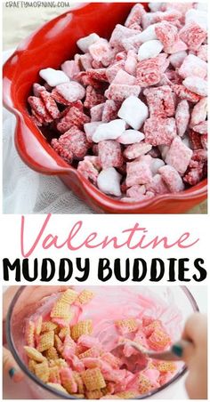 valentine muddy buddies in a red bowl with marshmallows on top and text overlay