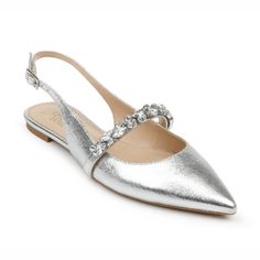 Nwt Jewel Badgley Mischka Womens Bambi Pointed Toe Flat Slingback Silver 7.5m A Classic Sling Back Is A Wardrobe Staple For Its Versatility And No-Frills Design. With A Sharp, Pointed Toe And Low Vamp, The Flat-Soled Bambi Features A Decorative Strap Across The Middle Of The Foot To Add A Pop Of Glamour Without Any Fuss. It’s Easy To Dress This Shoe Up Or Down Or To Take From Day To Night. Slingback Closed, Pointed Toe Ankle Strap Closure Crystal Embellished Strap Flat Shoe Includes The Box Orig Jewel Badgley Mischka, Embellished Flats, Evening Flats, Badgley Mischka Shoes, Flat Shoe, Pointed Flats, Pointed Toe Flats, Satin Dress, Pink Satin