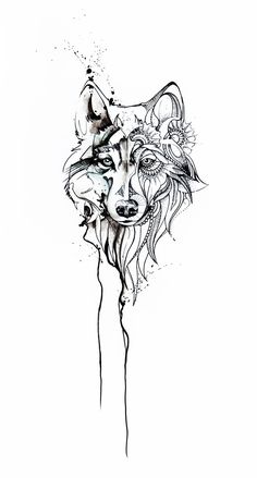 an ink drawing of a wolf's head with long hair and horns on it