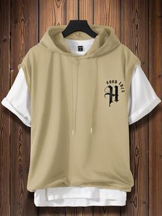 Khaki Casual Collar Cap Sleeve Fabric Slogan  Embellished Slight Stretch Summer Men Tops Hoodie Outfit Men, Hoodie Outfit, Cool Hoodies, Kawaii Clothes, Mens Casual Outfits