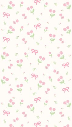 pink and green flowers with bows on a white background seamless wallpaper, suitable for use in children's rooms