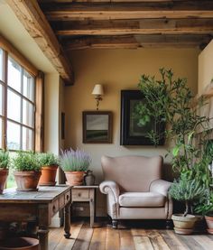 a living room filled with potted plants next to a wooden table and window sill