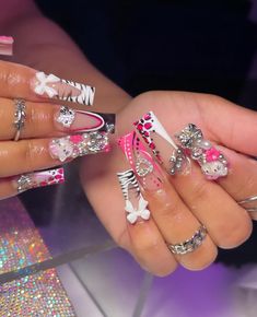 Hot Pink Junk Nails, Junk Nails Bling, Pink Junk Nails