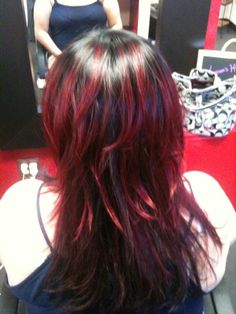 Red ombré on really layered hair Layered Red Balayage Hair, Skunk Red Hair, Black And Dark Red Hair, Red Striped Hair, Black Hair Red Tips, Red Ombré Hair, Red Hair Streaks, Red Ombre Hair