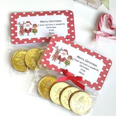 two christmas themed candy bags with gold coins