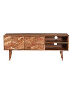 the sideboard is made out of wood and has two open compartments on each side