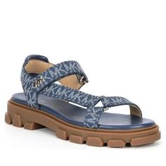 Michael Kors Ridley Lug Sole Sandal-Denim ,Gold Hardware-Mk Logo Slingback/ Dark Denim Blue.Size 7.5 .Nwt Blue Denim Sandals With Removable Insole, Michael Kors Casual Sandals With Cushioned Footbed, Michael Kors Casual Ankle Strap Sandals, Michael Kors Slides, Bow Flip Flops, Michael Kors Wedges, Michael Kors Sandals, Mk Logo, Slingback Sandals