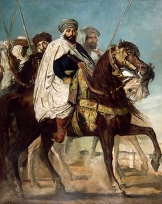 a painting of a man riding on the back of a brown horse next to other men