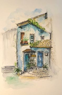 a watercolor painting of a house with blue shutters and green plants on the roof