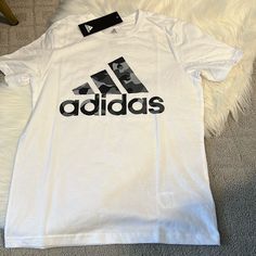 Adidas Tee For Boys Size 8 White Adidas Shirt With Letter Print, White Adidas T-shirt With Logo Print, Basic White Adidas Tops, White Basic Adidas Tops, Adidas Sporty Shirt With Letter Print, Sporty Adidas Shirt With Letter Print, Adidas Tee, Black White, Black Adidas