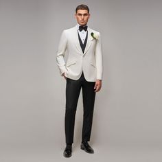 Brent Wilson Made to Measure suiting - model wears three piece tuxedo with a white shawl collar jacket, black waist coat and trouser. Three Piece Tuxedo, Three Piece Suit Mens, Wedding Outfit For Boys, White Wedding Suit, Shawl Collar Jacket, Shawl Collar Tuxedo