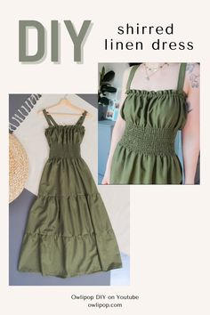 a woman wearing a green dress next to a white wall with the words diy on it