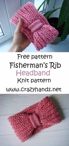 two photos with the words free pattern fisherman's rib headband