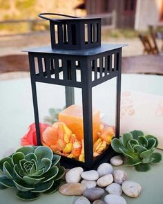 a lantern sitting on top of a table next to rocks and succulents