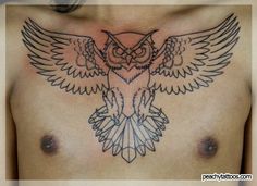 an owl tattoo is shown on the chest