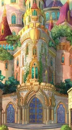 an animated castle with lots of windows and trees on it's roof, surrounded by greenery