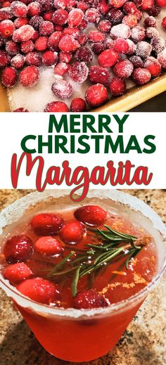 merry christmas margarita with berries and rosemary in a bowl