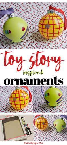 toy story inspired ornaments with text overlay