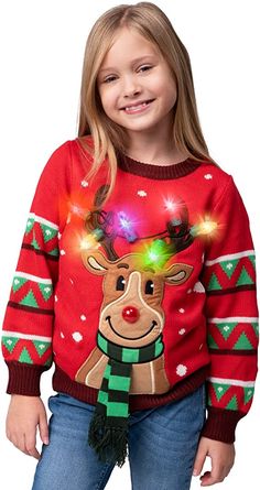 Our Hilarious Light Up Christmas Sweater Reindeer has 6 different light modes to add life and feel the feel of Christmas to the Winter holiday party! Your kid will very like this LED light-up reindeer Christmas sweater! This Red ugly Christmas sweater is sure to draw a crowd at your kid’s next holiday party. Featuring blinking lights on the Ornaments. This gaudy masterpiece will definitely get a few laughs from your friends and family. Celebrate the holiday spirit in these fantastic holiday swea Christmas Tree Jumper, Light Up Christmas Sweater, Womens Christmas Jumper, Ugly Christmas Jumpers, Reindeer Christmas Sweater, Red Christmas Sweater, Ugly Christmas Sweater Reindeer, Winter Holiday Party, Christmas Tree Sweater