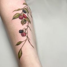 a tattoo with berries and leaves on the arm