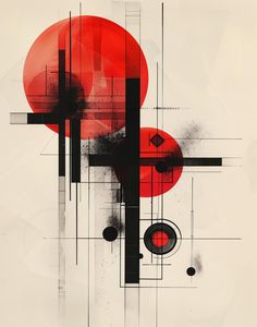 an abstract painting with black and red circles