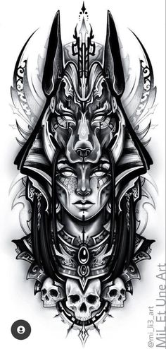 a drawing of a woman's face with horns and skulls on the side, in black and white