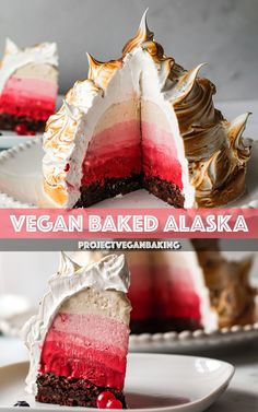 two pictures of vegan baked alaska cheesecakes with red, white and blue frosting