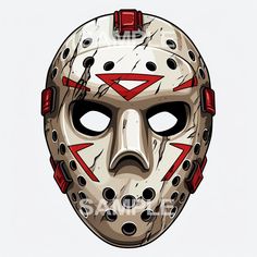 a hockey mask with red and black markings