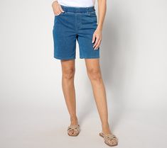 Nothing says summer like a really cute pair of shorts -- and nothing feels as good as this Comfy Knit Air pair from Denim &Co®. Grab your favorite slip-ons or trail-blazing tennis and head out! From Denim & Co® Fashions. Comfortable Summer Bottoms With Pockets, Comfortable Elastic Waistband Summer Bottoms, Casual Bermuda Shorts In Medium Wash For Summer, Casual Medium Wash Bermuda Shorts For Summer, Stretch Denim Shorts For Summer, Casual Stretch Jean Shorts For Summer, Stretch Denim Summer Shorts, Relaxed Fit Pull-on Bermuda Shorts For Summer, Stretch Denim Bermuda Shorts For Summer