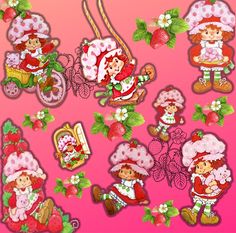 strawberry shortcakes stickers are shown on a pink background with green leaves and flowers