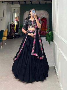 Traditional black lehenga choli for women USA, Georgette lehenga with designer blouse, Indian lehenga for wedding, stylish chaniya choli  Lehenga(Stitched) Color : Black  Lehenga Fabric : Georgette Lehenga work : Plain With Sequins and Thread Embroidery Work Belt Lehenga Waist : SUPPORTED UP TO 42 Lehenga Closer : Drawstring with Zip  Stitching : Stitched With Canvas and Can Can  Length : 41 Flair : 5 Meter Inner : Silk Blouse(UN stitched) Blouse Fabric : Georgette  Blouse Work : Sequins and Thr Belt Lehenga, Zip Stitching, Embroidery Work Blouse, Lehenga Dupatta, Georgette Lehenga, Stitched Lehenga, Work Belt, Lehenga Fabric, Enchanted Evening