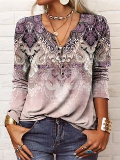 Women V-Neck Ethnic Boho Vintage Graphic Prints Long Sleeve Button T-Shirt Mode Prints, Vintage Short, Loose Outfit, Women Shirts Blouse, Short En Jean, Tankini Top, Arabesque, Sleeves Pattern, Ethnic Fashion