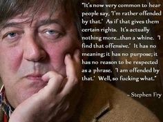 a man with his chin resting on his hand next to a quote from stephen fry that reads, it's now very common to hear