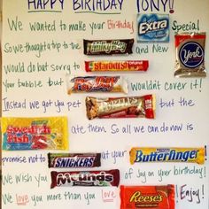 a birthday card with candy bars on it and handwritten notes to someone's friends