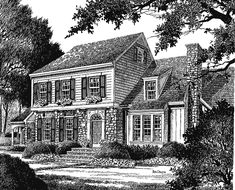 a black and white drawing of a house