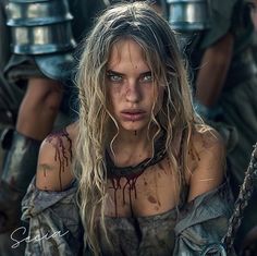 a woman dressed in armor with blood on her face and chest is posing for the camera