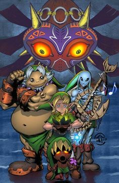 an image of the legend of zelda and his family in front of a giant mask