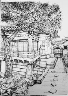 an ink drawing of a house with stairs leading up to the front door and trees