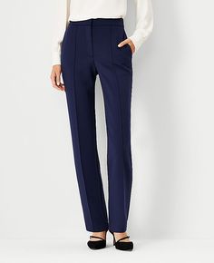 Elevate your wardrobe with the Ann Taylor Straight Pant in Double Knit, a testament to timeless elegance and modern functionality. This piece is designed to offer a sophisticated, straight-leg silhouette that skims the legs for a chic, structured look. Perfect for both office and evening wear, these pants are crafted from a blend of polyester, viscose, and spandex, ensuring both comfort and durability.

- **Color:** Pure Sapphire
- **Size:** 0 (Regular fit)
- **Material:** 78% Polyester, 15% Vis Ann Taylor Outfit, Womens Straight Leg Pants, Professional Chic, Knitted Suit, Classic Pants, Double Knit, Knit Pants, Blazer Buttons, Tailored Trousers