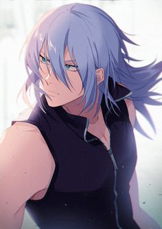 an anime character with long hair and blue eyes looking at the camera while wearing black