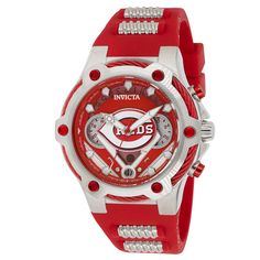 This impressive Invicta MLB watch features a precise Quartz movement as well as a silver case. Its red, silver, white, metal dial is enclosed by a highly protective Flame Fusion Crystal. This watch is finished by a strong red, steel, silicone, stainless steel band, and it offers 100 m water resistance. Built upon its storied history of exceptional innovation, Invicta has been named from a chosen few to become a unique partner with Major League Baseball for a special collection of watches dedicat Red Luxury Diamond Watch, Cheap Red Watches With Quartz Movement, Luxury Red Watches With Automatic Movement, Invicta Mens Watch, Invicta Watches Women Angels, Invicta Watches, Buy Watches, Women's Watches, Red Band