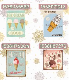 four different types of ice cream labels with snowflakes in the background and below