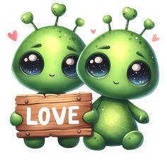 two cute little green alien holding a love sign