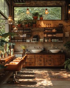 a room filled with lots of plants and bottles on the wall next to two sinks