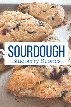 three blueberry scones sitting on top of a baking pan with the words sourdough