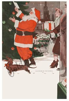 an old fashioned christmas card shows santa claus and his dog in front of a tree