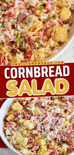 Here's a mouthwatering summer salad recipe! This Cornbread Salad recipe features a combination of fresh vegetables, creamy dressing, and savory cornbread. Serve this easy summer BBQ side dish that will surely please a crowd! Sides Dishes For Potluck, Easy Cornbread Salad, Group Side Dishes, Summer Potluck Salads, Church Meals For A Crowd, Christmas Cold Side Dishes, Cornbread Salad Recipe Southern, Cornbread Salad Trisha Yearwood, Corn Side Dishes For Bbq