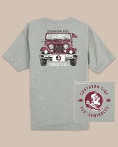 The back view of the FSU Seminoles Heather Front Plate T-Shirt by Southern Tide - Heather Grey Georgia Bulldogs Shirt, Usc Gamecocks, Womens Matching Sets, Front Plate, Unc Tarheels, Boys Swim Trunks, Boys Swim, Georgia Bulldogs, Plate Design