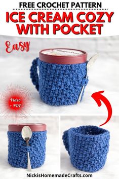 crochet ice cream cozy with pocket is easy to make and looks great on the table